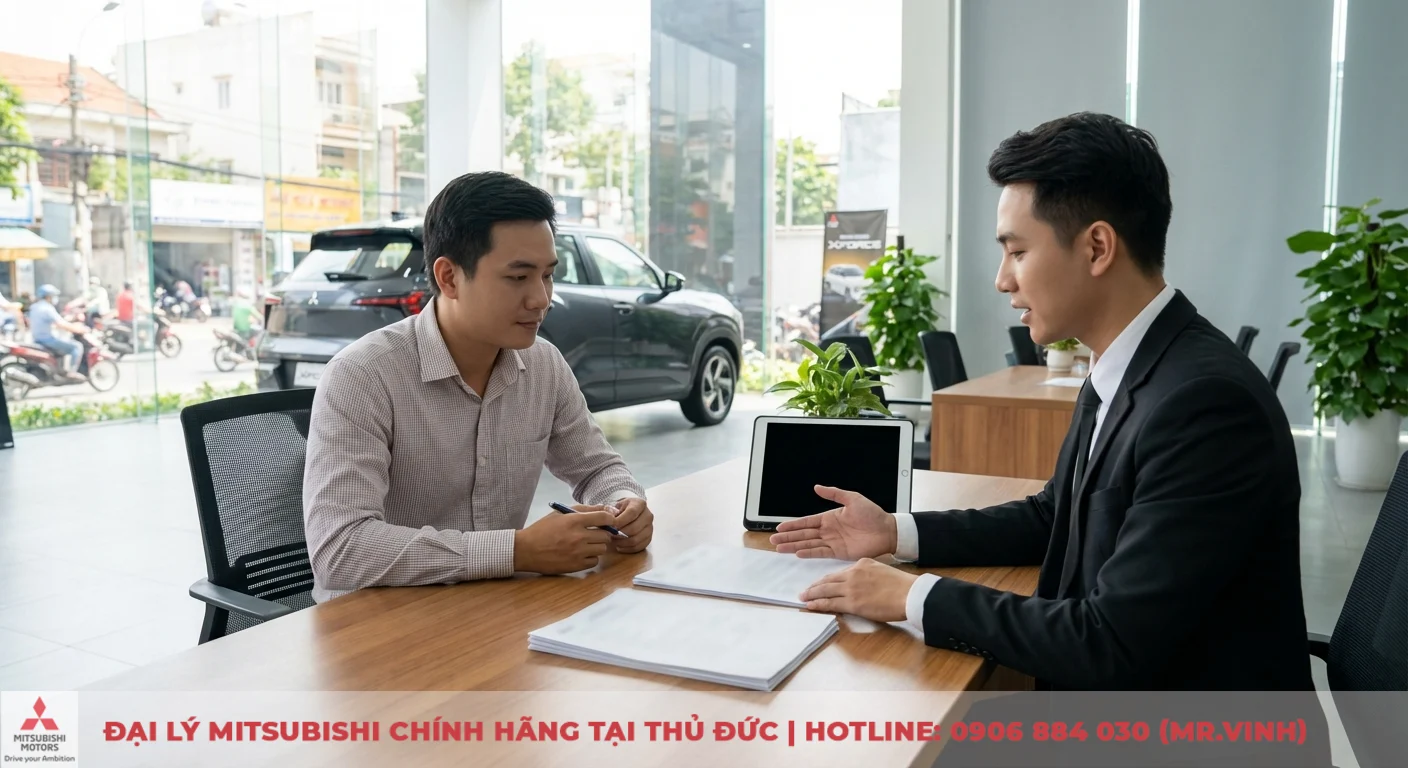 Khách hàng cùng chuyên viên tài chính tại đại lý Mitsubishi trao đổi các giấy tờ cần thiết để hoàn tất hồ sơ trả góp Xforce 2026