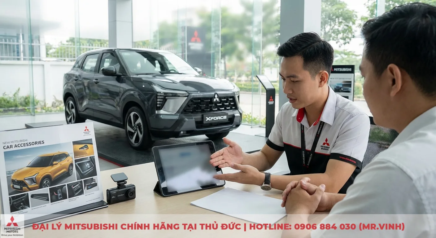 Nhân viên tư vấn khách hàng về khuyến mãi, ưu đãi và gói phụ kiện Mitsubishi Xforce 2026, gồm camera hành trình