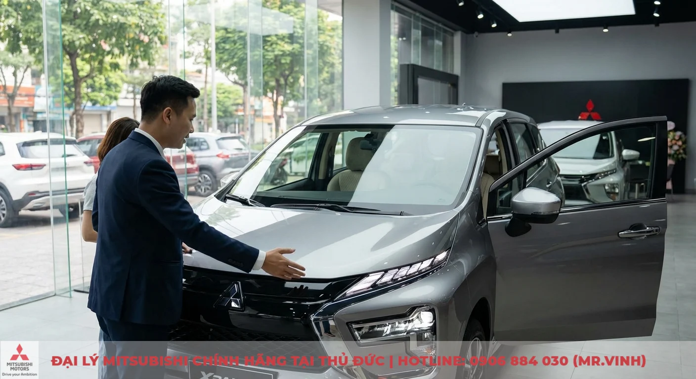 Nhân viên giới thiệu Mitsubishi Xpander tại showroom, nổi bật với thiết kế Dynamic Shield, đèn LED hiện đại và nội thất rộng rãi