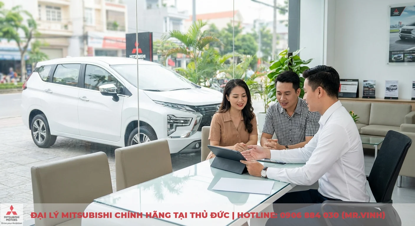 Nhân viên đại lý Mitsubishi tư vấn chi tiết về giá và các phiên bản dự kiến của Xpander 2026 cho khách hàng tại showroom