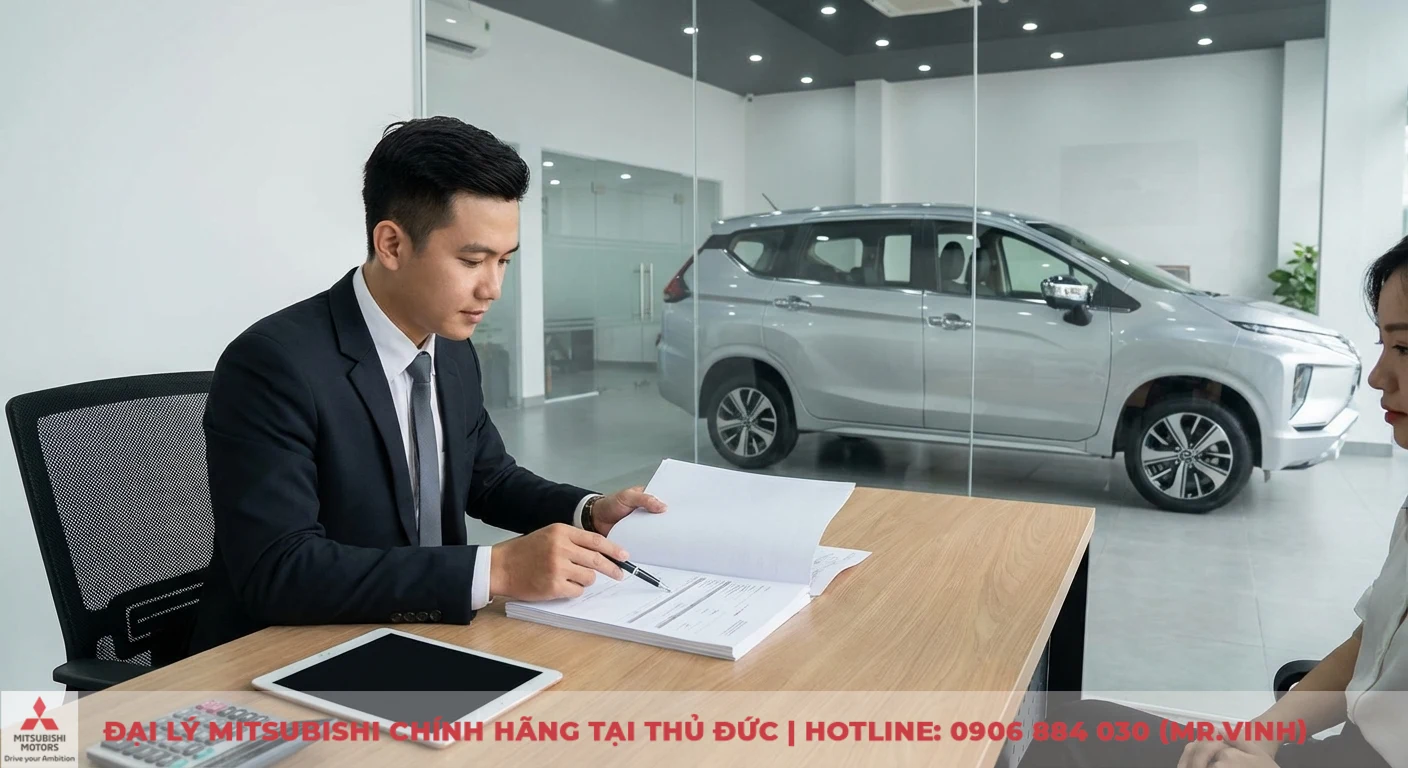 Nhân viên tư vấn giải thích chi phí lăn bánh Xpander 2026 trên hồ sơ hợp đồng cho khách hàng tại TP.HCM