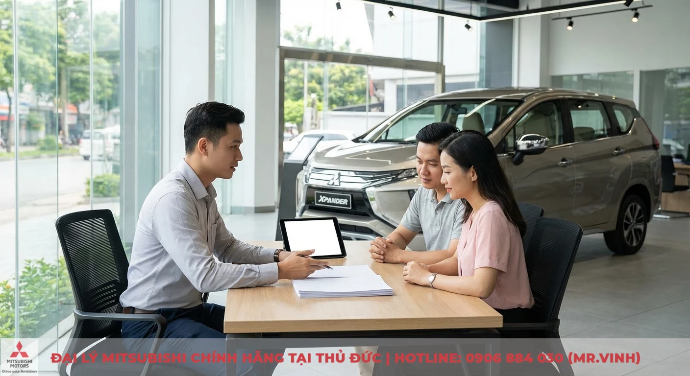 Thủ tục và giấy tờ mua Xpander trả góp được nhân viên hướng dẫn khách hàng tại bàn tư vấn