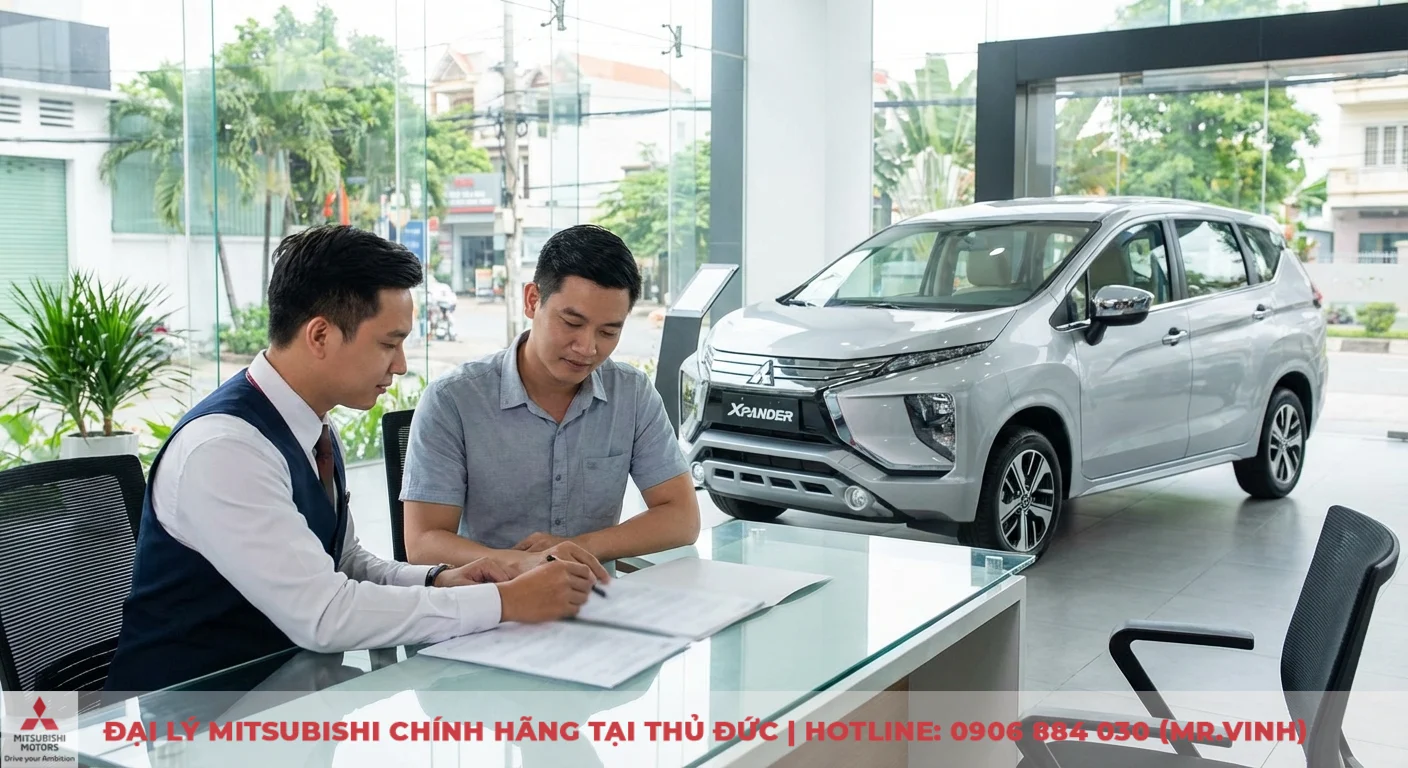 Khách hàng làm thủ tục đặt cọc giữ chỗ xe Xpander 2026 với nhân viên tư vấn tại showroom Mitsubishi