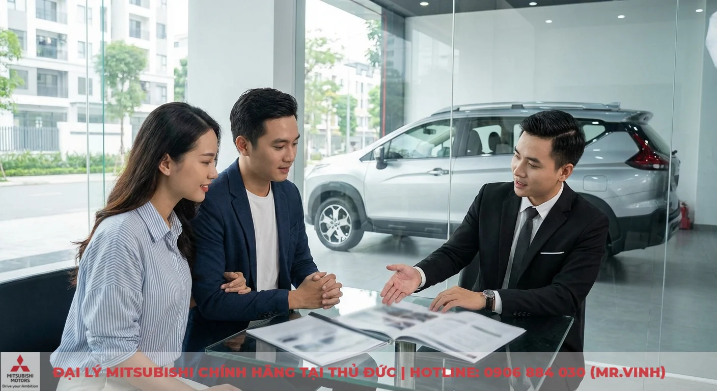 Nh&acirc;n vi&ecirc;n Mitsubishi đang tư vấn cho cặp đ&ocirc;i kh&aacute;ch h&agrave;ng về gi&aacute; v&agrave; chương tr&igrave;nh khuyến m&atilde;i Xpander Cross 2026 tại showroom
