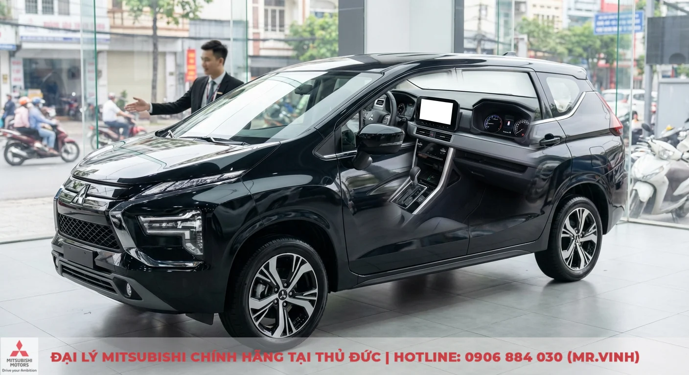 Mitsubishi Xpander Cross m&agrave;u đen với lưới tản nhiệt Dynamic Shield, đ&egrave;n LED, m&acirc;m hợp kim v&agrave; nội thất m&agrave;n h&igrave;nh lớn, minh họa c&aacute;c n&acirc;ng cấp