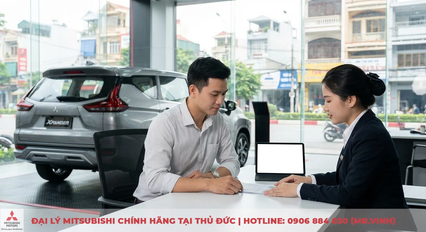Kh&aacute;ch h&agrave;ng v&agrave; tư vấn vi&ecirc;n thảo luận về Xpander Cross 2026, xem x&eacute;t c&aacute;c điều khoản giao xe v&agrave; t&igrave;nh trạng sẵn c&oacute;