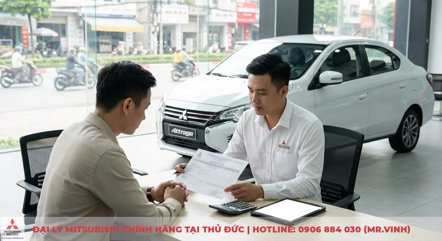 Dự kiến giá lăn bánh Mitsubishi Attrage 2026: Ước tính chi tiết tại TP.HCM 1 Nhân viên Mitsubishi giới thiệu tài liệu về giá xe Attrage cho khách hàng tại bàn trong showroom, xe Attrage trắng trưng bày