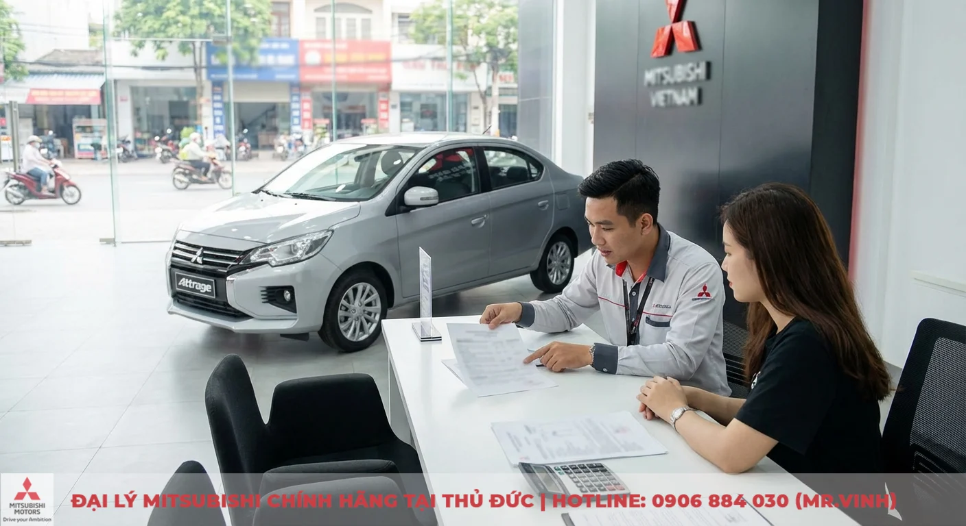 Dự kiến giá lăn bánh Mitsubishi Attrage 2026: Ước tính chi tiết tại TP.HCM 2 Một nhân viên đại lý Mitsubishi đang trình bày giấy tờ cho khách hàng nữ cạnh chiếc Attrage bạc trong showroom