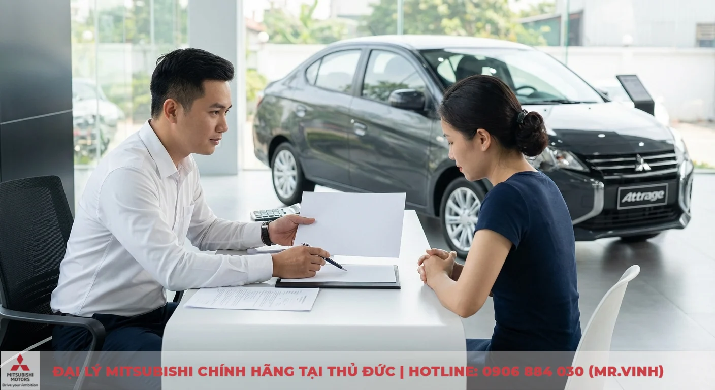 Dự kiến giá lăn bánh Mitsubishi Attrage 2026: Ước tính chi tiết tại TP.HCM 3 Cảnh tư vấn bán hàng trong showroom ô tô với nhân viên và khách hàng, chiếc Mitsubishi Attrage phía sau