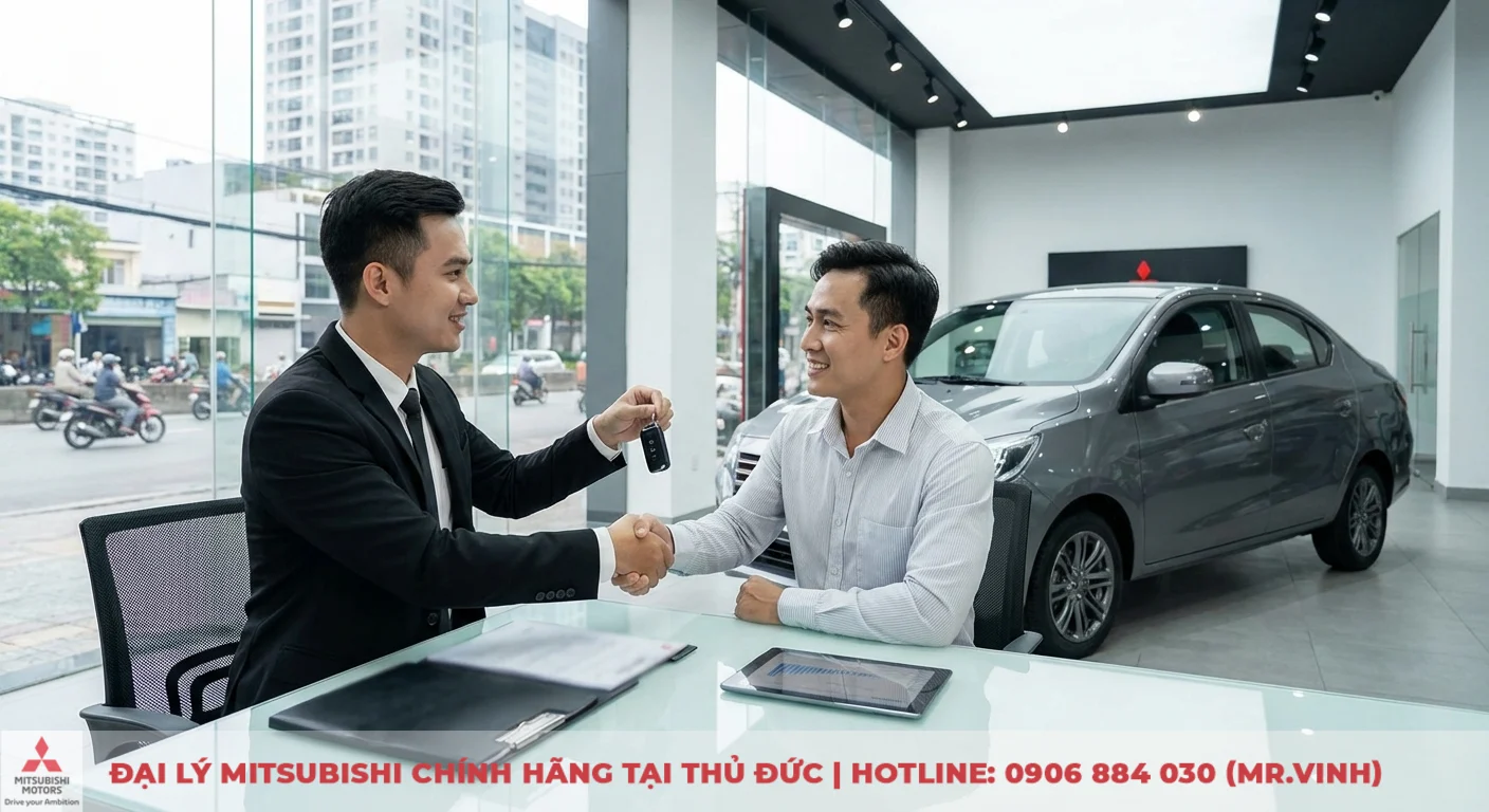 Dự kiến giá lăn bánh Mitsubishi Attrage 2026: Ước tính chi tiết tại TP.HCM 4 Hai người đàn ông bắt tay và trao chìa khóa xe hơi mới tại bàn có tài liệu, máy tính bảng bên cạnh xe sedan
