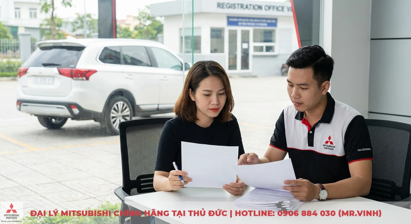 Hai người tại b&agrave;n đang xem x&eacute;t hồ sơ, người đ&agrave;n &ocirc;ng mặc &aacute;o c&oacute; logo Mitsubishi, b&ecirc;n ngo&agrave;i l&agrave; xe SUV Mitsubishi v&agrave; văn ph&ograve;ng đăng k&yacute;