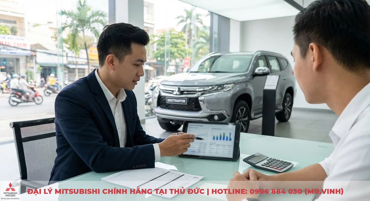 Nh&acirc;n vi&ecirc;n tư vấn chỉ biểu đồ tr&ecirc;n m&aacute;y t&iacute;nh bảng cho kh&aacute;ch h&agrave;ng tại đại l&yacute; &ocirc; t&ocirc;, ph&iacute;a sau l&agrave; xe Mitsubishi Destinator m&agrave;u bạc