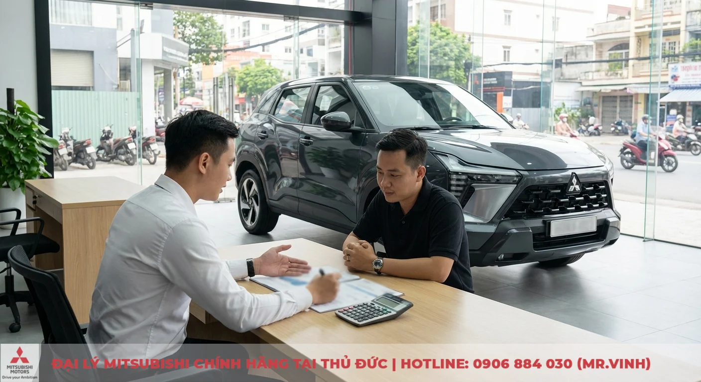 Cập nhật giá lăn bánh Mitsubishi Xforce 2026 mới nhất 1 Nhân viên tư vấn giải thích phí lăn bánh và cấp biển số cho khách hàng mua Mitsubishi Xforce 2026 tại showroom