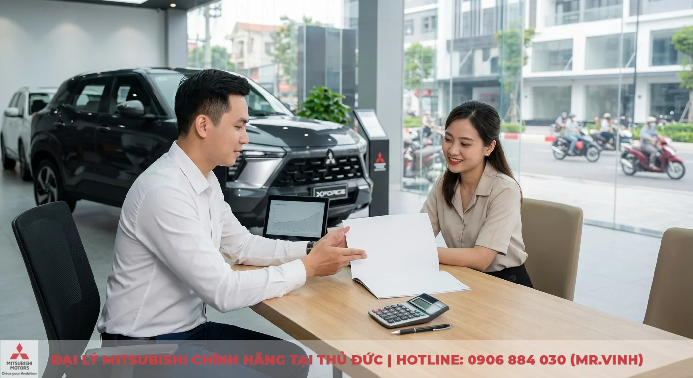 Cập nhật giá lăn bánh Mitsubishi Xforce 2026 mới nhất 2 Khách hàng và nhân viên đại lý Mitsubishi XFORCE đang thảo luận về giá lăn bánh, chi phí sở hữu cùng ưu đãi xe