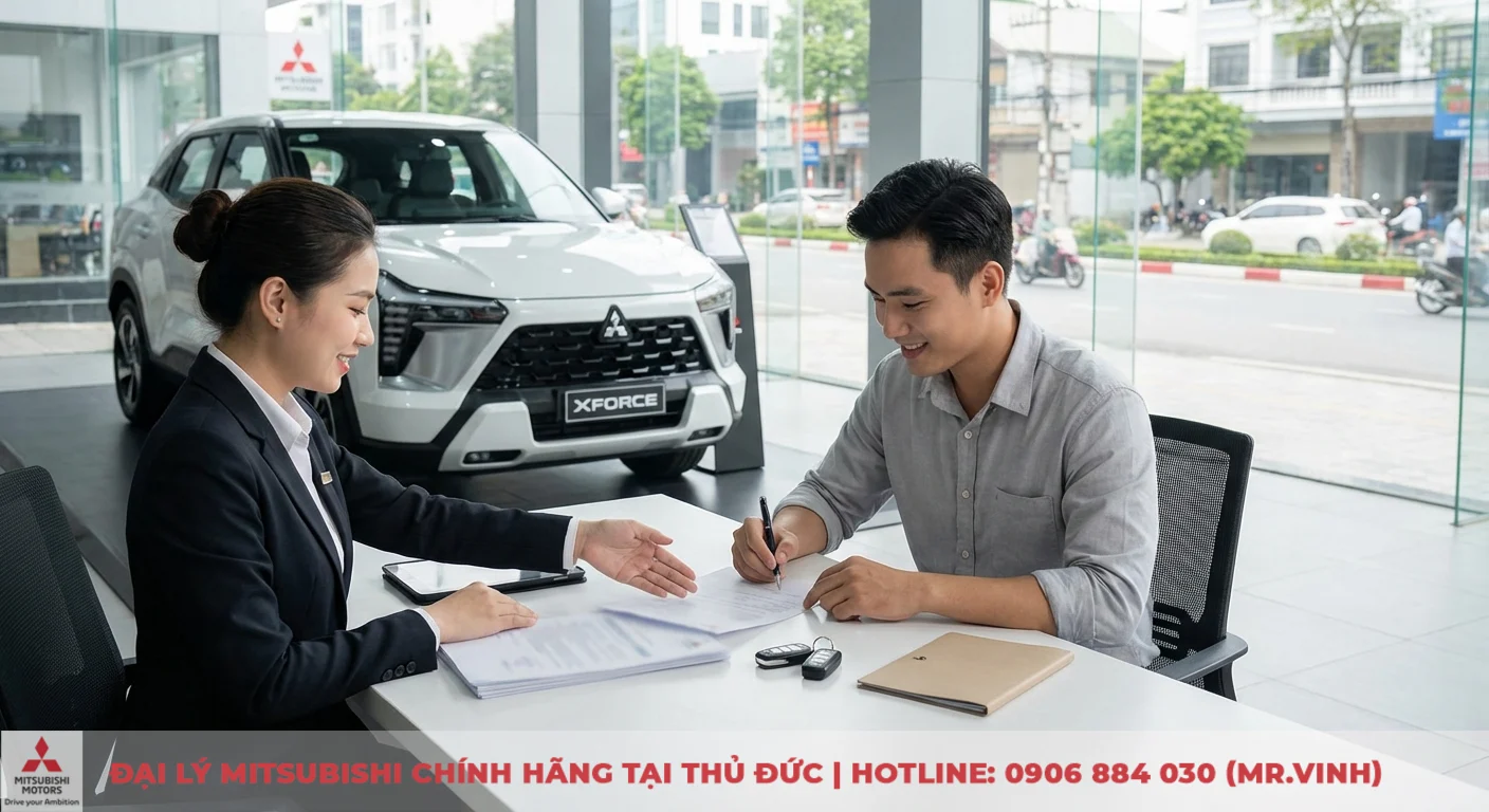 Cập nhật giá lăn bánh Mitsubishi Xforce 2026 mới nhất 3 Khách hàng ký hoàn tất hồ sơ đăng ký xe Xforce 2026 với nhân viên tư vấn tại đại lý
