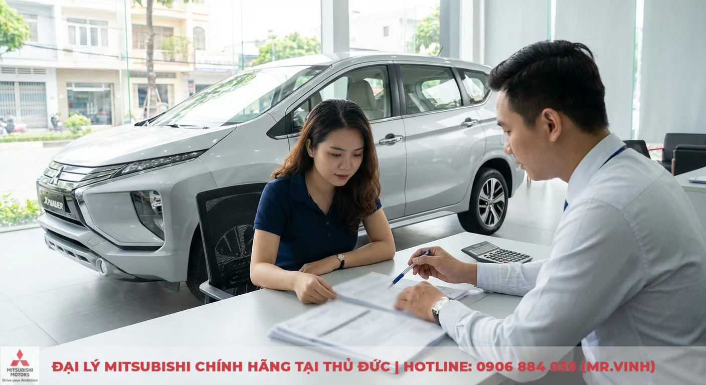 Mitsubishi Xpander 2026 bạc trong showroom, kh&aacute;ch h&agrave;ng c&ugrave;ng tư vấn vi&ecirc;n t&iacute;nh to&aacute;n gi&aacute; lăn b&aacute;nh