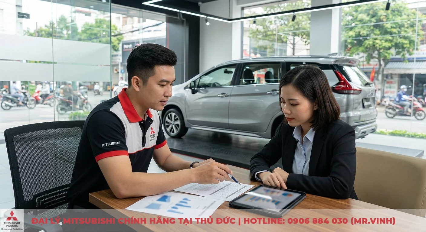 Thảo luận phương ph&aacute;p dự đo&aacute;n gi&aacute; Mitsubishi Xpander 2026 tại showroom với nh&acirc;n vi&ecirc;n tư vấn, t&agrave;i liệu v&agrave; biểu đồ ph&acirc;n t&iacute;ch
