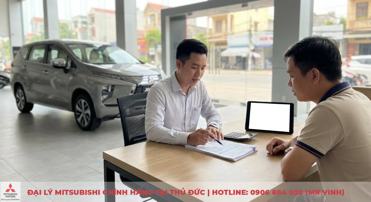 Nh&acirc;n vi&ecirc;n đại l&yacute; &ocirc; t&ocirc; tư vấn chi tiết c&aacute;c khoản ph&iacute; lăn b&aacute;nh Mitsubishi Xpander 2026 cho kh&aacute;ch h&agrave;ng