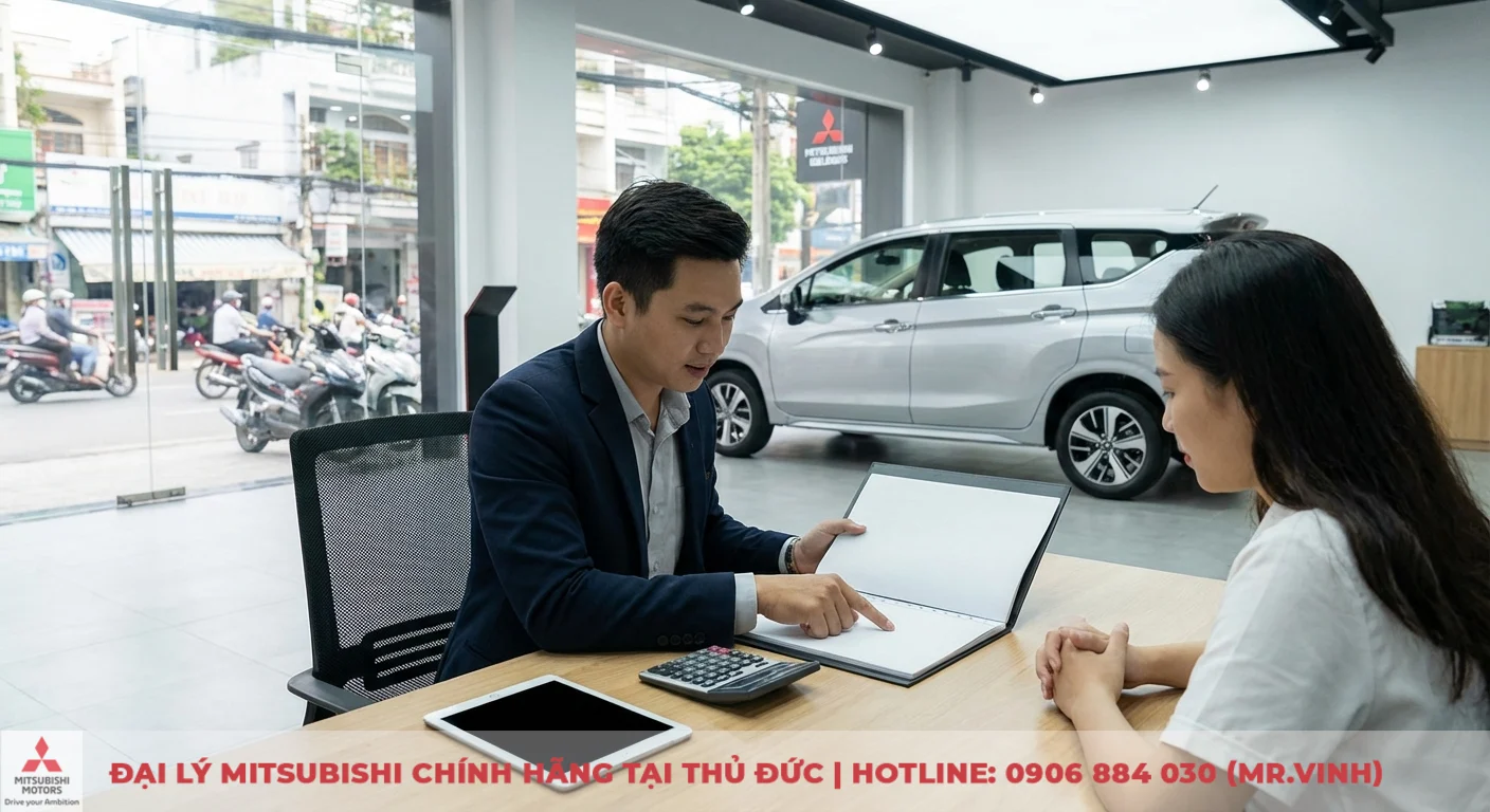 Nh&acirc;n vi&ecirc;n tư vấn gi&aacute; lăn b&aacute;nh Mitsubishi Xpander 2026 tại TP.HCM, chỉ r&otilde; c&aacute;c mục trong hợp đồng cho kh&aacute;ch h&agrave;ng