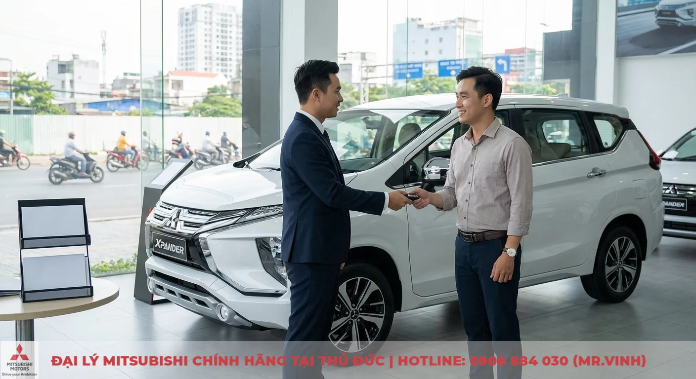 Kh&aacute;ch h&agrave;ng nhận ch&igrave;a kh&oacute;a Mitsubishi Xpander 2026 từ nh&acirc;n vi&ecirc;n đại l&yacute; Saigon 3S chuẩn bị l&aacute;i thử