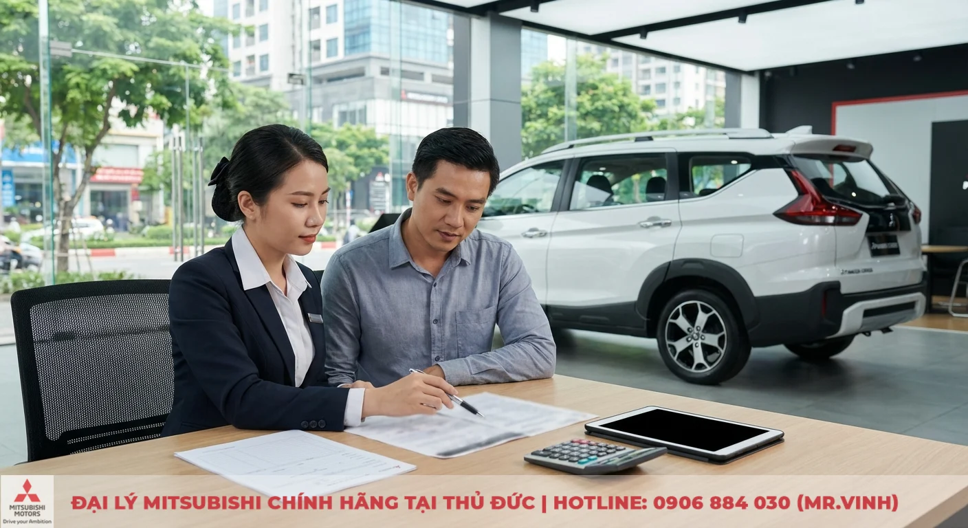 Nh&acirc;n vi&ecirc;n tư vấn giải th&iacute;ch c&aacute;c loại chi ph&iacute; v&agrave; gi&aacute; lăn b&aacute;nh Mitsubishi Xpander Cross 2026 cho kh&aacute;ch h&agrave;ng