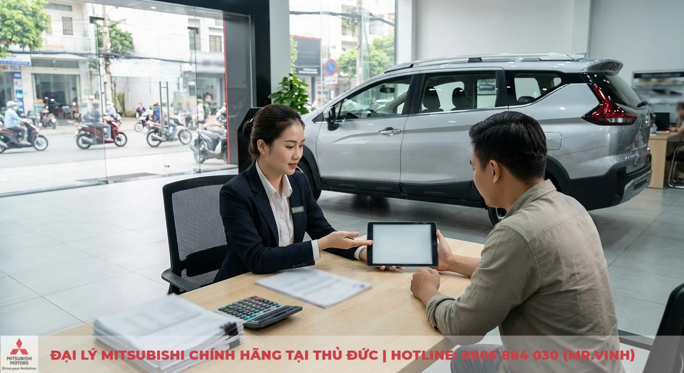 Tư vấn vi&ecirc;n tr&igrave;nh b&agrave;y th&ocirc;ng tin gi&aacute; lăn b&aacute;nh Xpander Cross 2026 v&agrave; so s&aacute;nh với đối thủ cho kh&aacute;ch h&agrave;ng