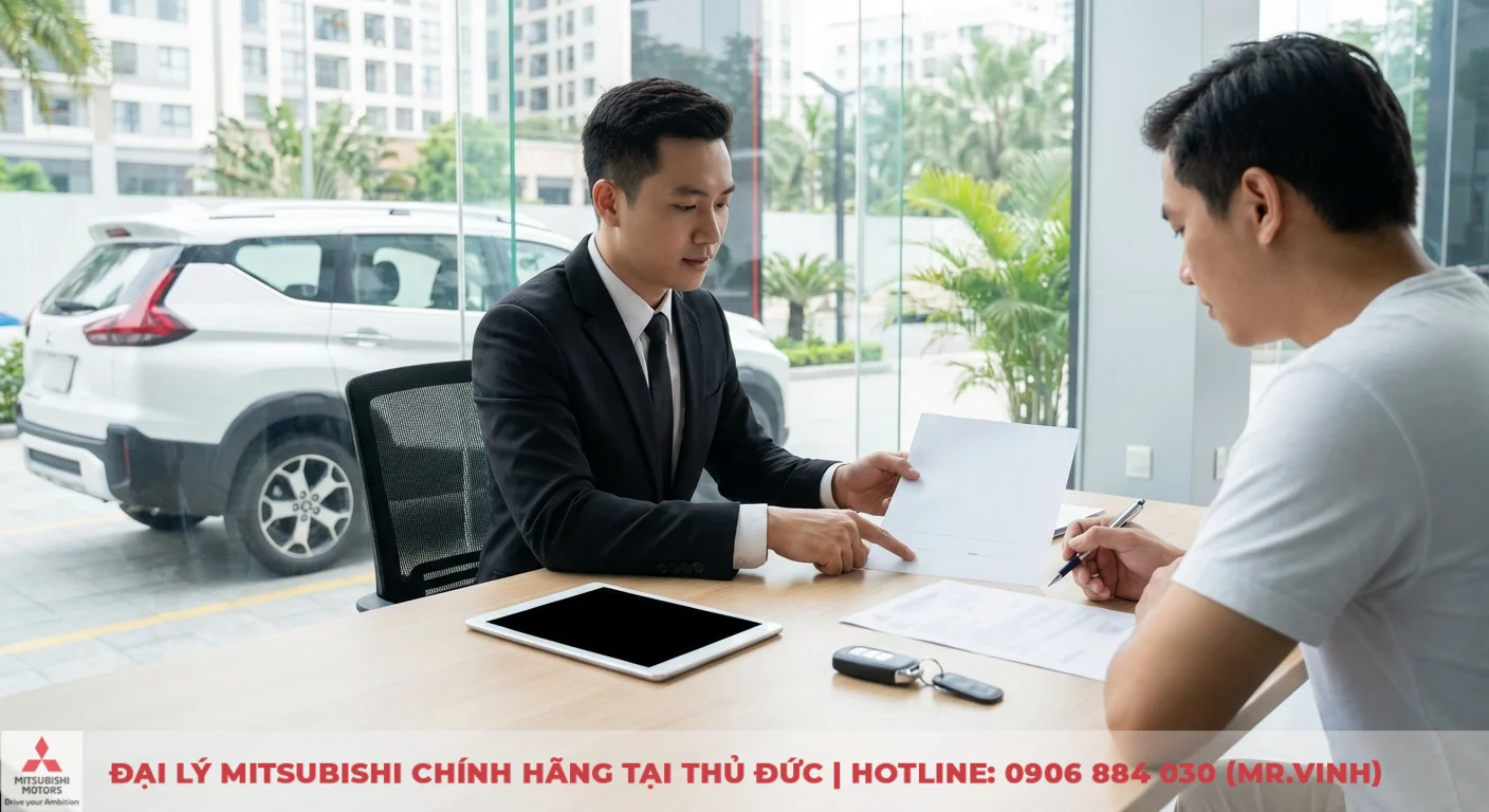 Kh&aacute;ch h&agrave;ng k&yacute; giấy tờ ho&agrave;n tất thủ tục đăng k&yacute; mua xe Xpander Cross 2026 với nh&acirc;n vi&ecirc;n tư vấn tại showroom