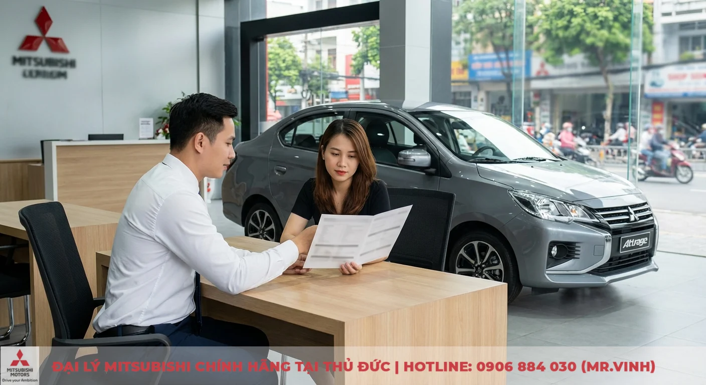 Người b&aacute;n h&agrave;ng tư vấn kh&aacute;ch h&agrave;ng về t&agrave;i liệu tại showroom Mitsubishi, cạnh chiếc xe Mitsubishi Attrage m&agrave;u x&aacute;m