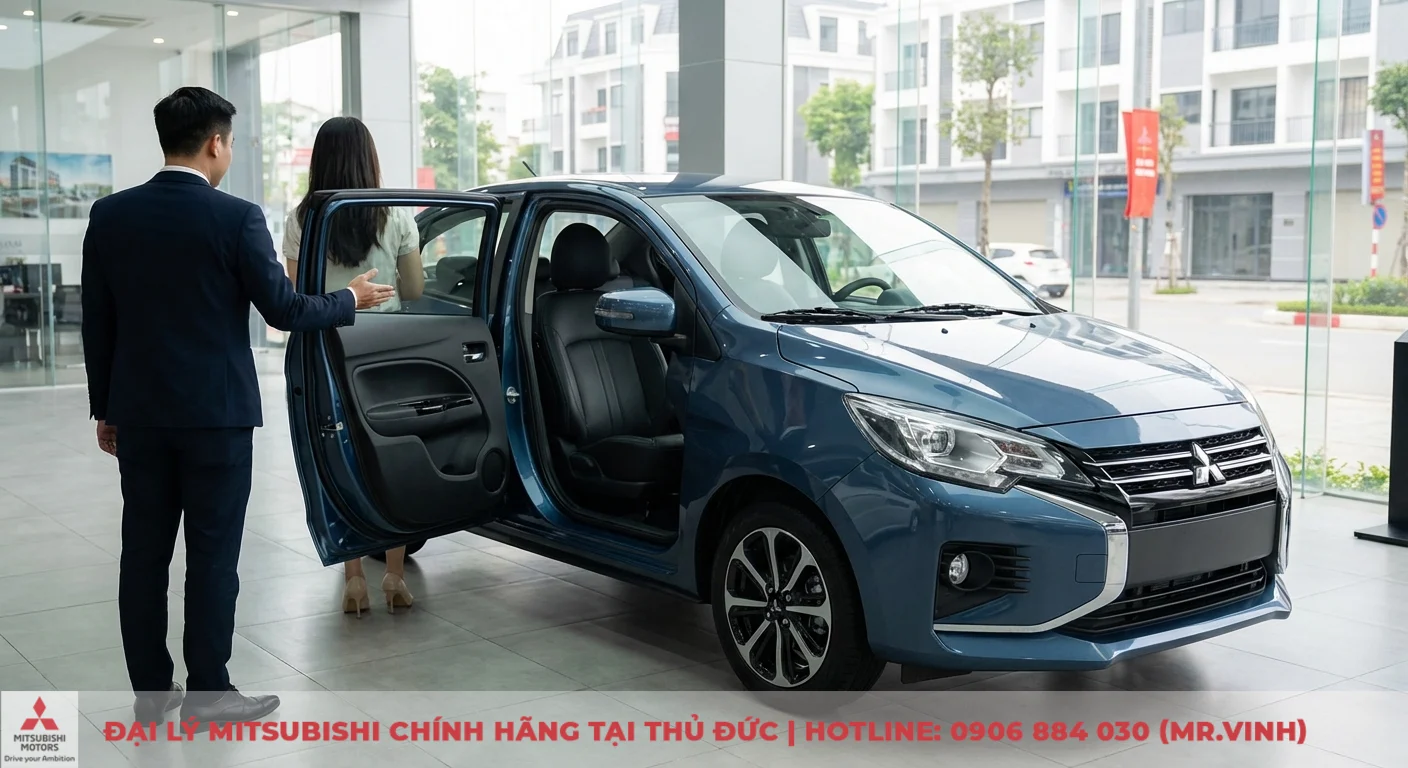 Xe Mitsubishi Attrage m&agrave;u xanh lam với cửa mở, người đ&agrave;n &ocirc;ng lịch l&atilde;m mời phụ nữ v&agrave;o xe tại showroom hiện đại