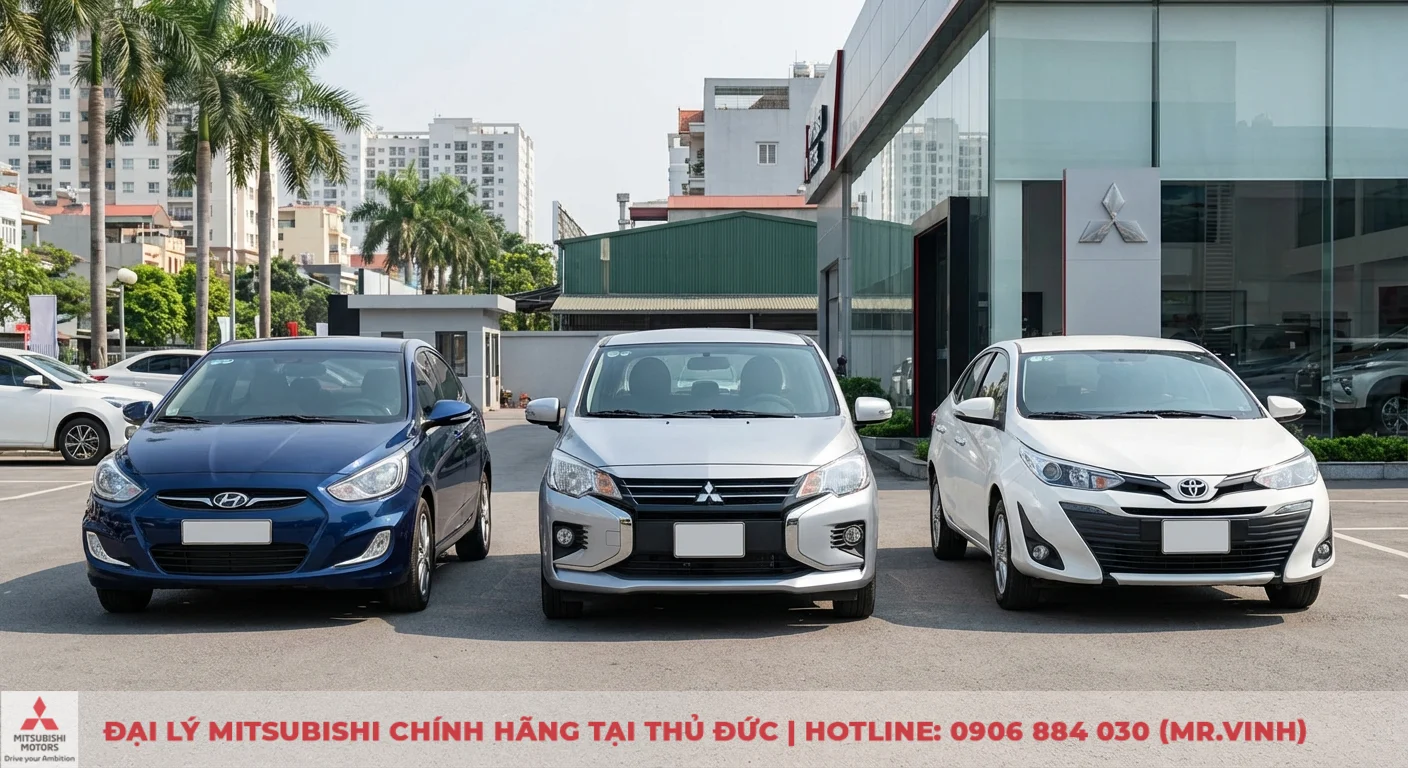 Ba chiếc &ocirc; t&ocirc; Hyundai Accent m&agrave;u xanh, Mitsubishi Attrage m&agrave;u bạc v&agrave; Toyota Vios m&agrave;u trắng đỗ trước đại l&yacute; Mitsubishi