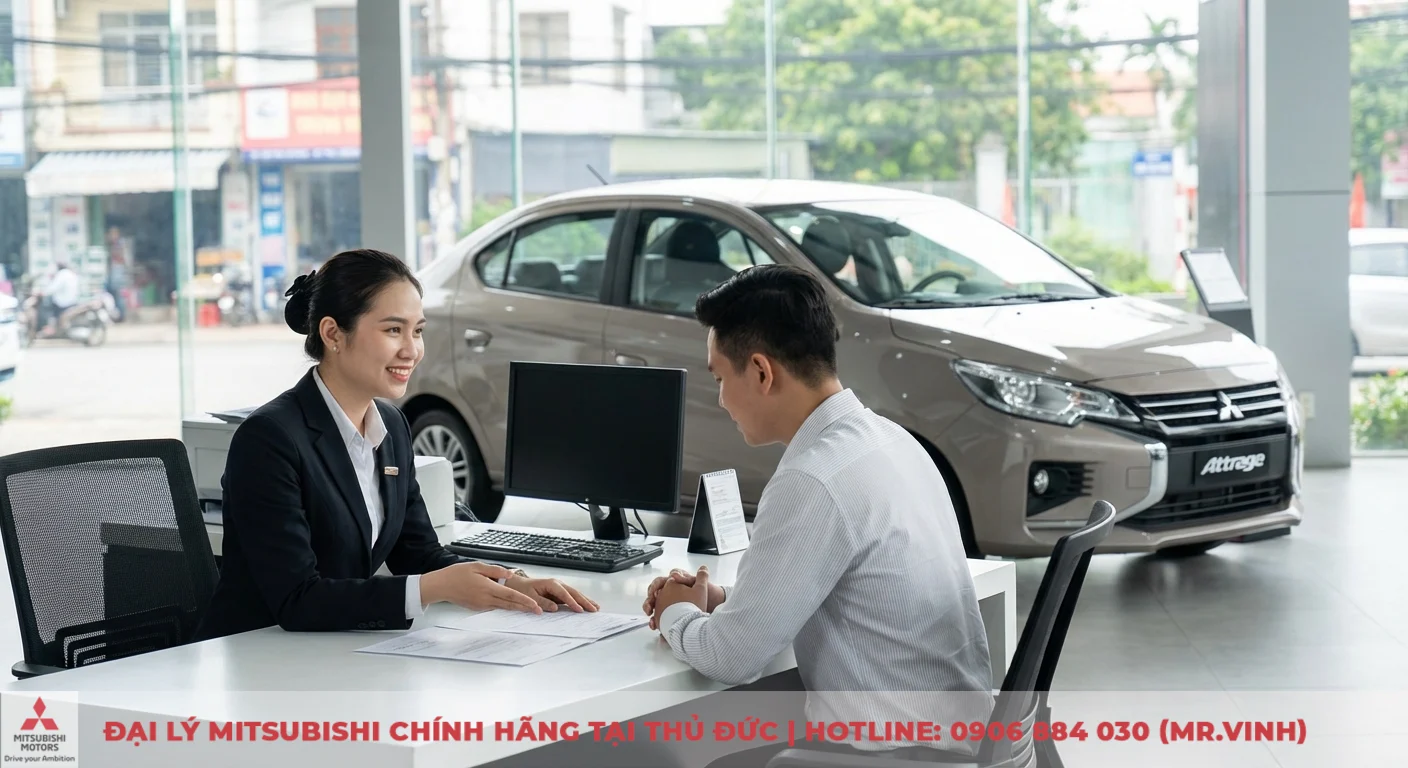 Nữ tư vấn vi&ecirc;n Mitsubishi v&agrave; kh&aacute;ch h&agrave;ng đang trao đổi về hồ sơ mua xe Attrage trả g&oacute;p tại showroom