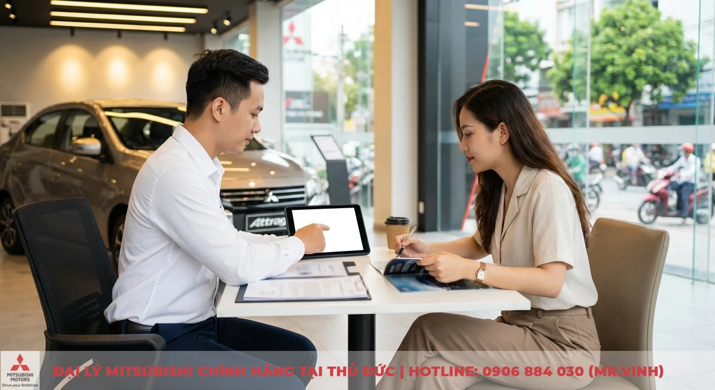 Hai người trao đổi trong showroom &ocirc; t&ocirc;, nh&acirc;n vi&ecirc;n nam chỉ m&aacute;y t&iacute;nh bảng, kh&aacute;ch h&agrave;ng nữ xem brochure Mitsubishi Attrage