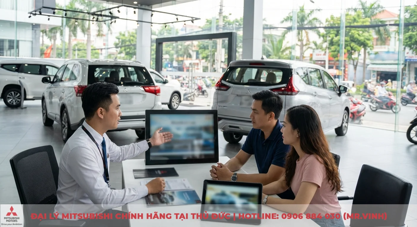 Nh&acirc;n vi&ecirc;n tư vấn Mitsubishi đang giới thiệu th&ocirc;ng tin về xe tr&ecirc;n m&agrave;n h&igrave;nh cho cặp vợ chồng trong showroom &ocirc; t&ocirc;, với c&aacute;c mẫu SUV m&agrave;u trắng ph&iacute;a sau