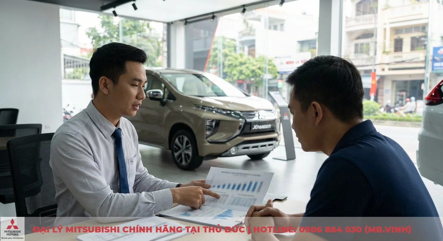Hai người đ&agrave;n &ocirc;ng ngồi tại b&agrave;n l&agrave;m việc trong showroom &ocirc; t&ocirc;, một người chỉ biểu đồ tr&ecirc;n t&agrave;i liệu, ph&iacute;a sau l&agrave; xe Mitsubishi Xpander m&agrave;u n&acirc;u