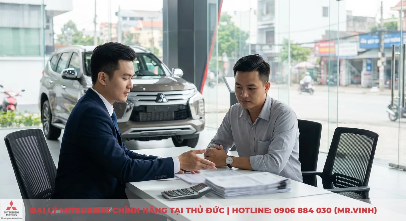 Hai người đ&agrave;n &ocirc;ng ngồi b&agrave;n, với t&agrave;i liệu v&agrave; m&aacute;y t&iacute;nh, đang thảo luận về t&agrave;i ch&iacute;nh mua xe Mitsubishi tại showroom