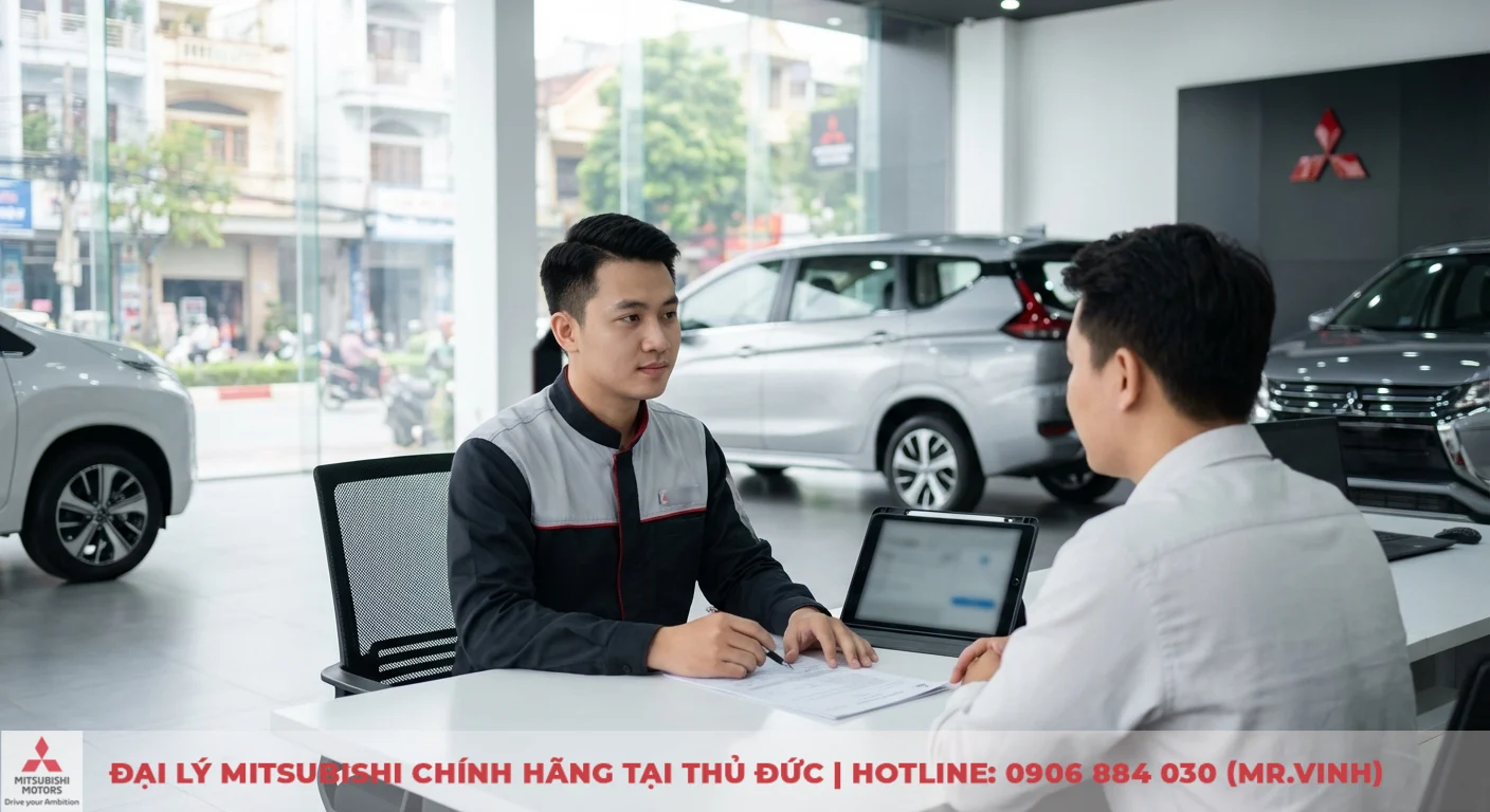Nh&acirc;n vi&ecirc;n Mitsubishi đang tư vấn cho kh&aacute;ch h&agrave;ng tại b&agrave;n trong showroom, với c&aacute;c mẫu xe trưng b&agrave;y v&agrave; logo h&atilde;ng