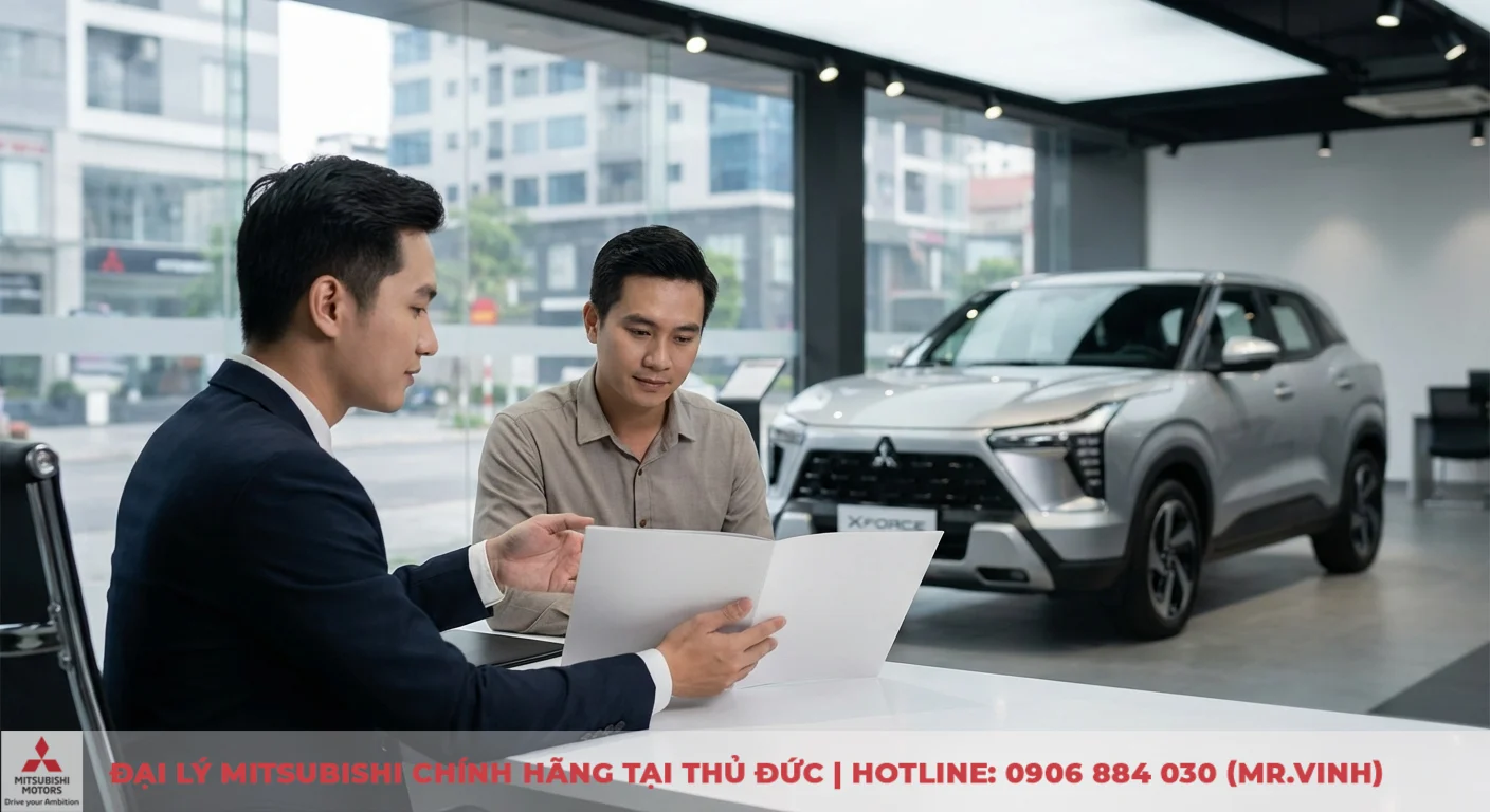 Kh&aacute;ch h&agrave;ng v&agrave; nh&acirc;n vi&ecirc;n đại l&yacute; thảo luận bảng gi&aacute; c&aacute;c phi&ecirc;n bản Mitsubishi Xforce 2026 tại showroom b&ecirc;n cạnh xe mẫu