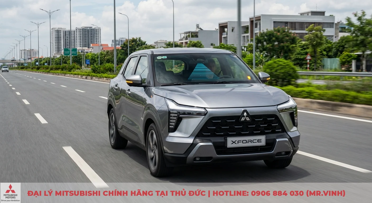 Mitsubishi Xforce 2026 m&agrave;u x&aacute;m bạc tr&ecirc;n đường cao tốc, minh họa t&iacute;nh năng an to&agrave;n chủ động v&agrave; hỗ trợ l&aacute;i ADAS