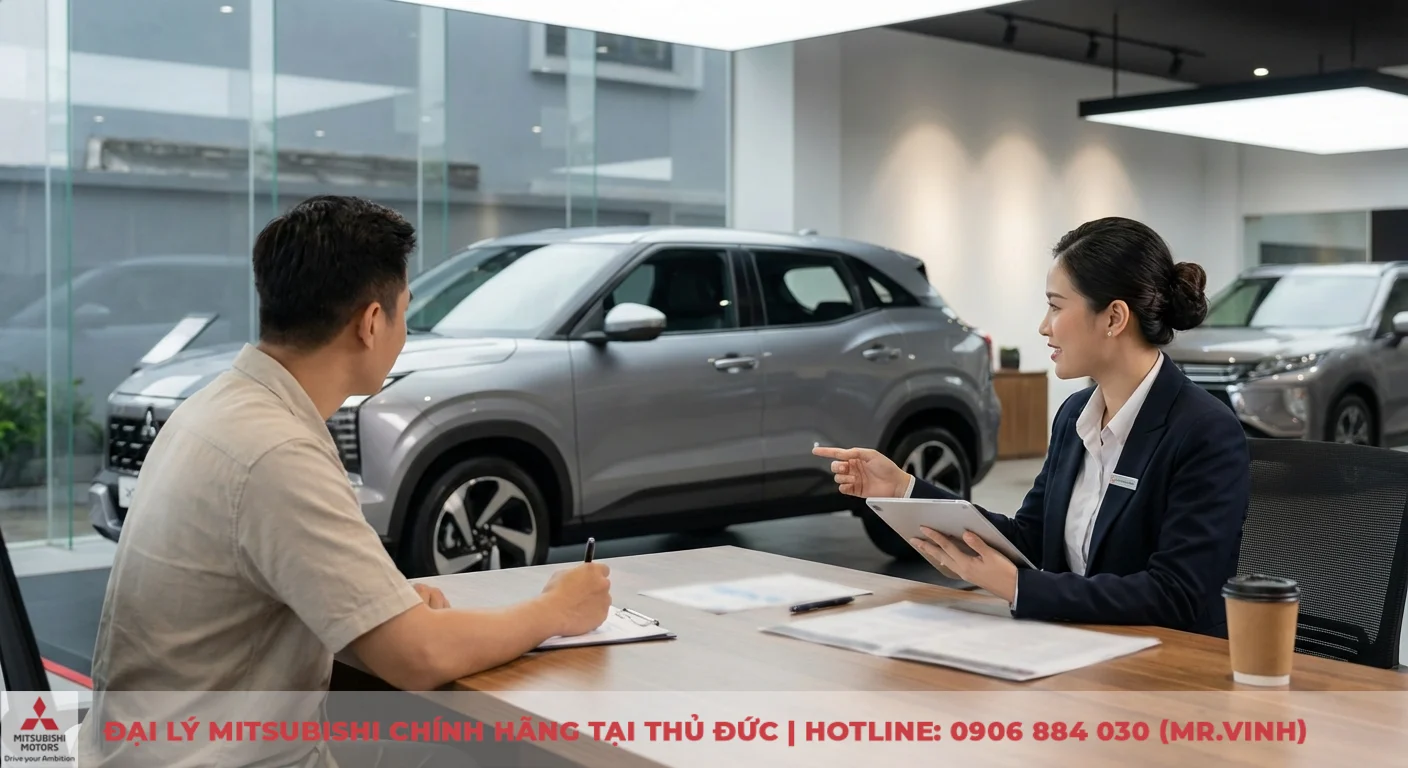Nh&acirc;n vi&ecirc;n Mitsubishi tư vấn chi ph&iacute; trả g&oacute;p v&agrave; gi&aacute; lăn b&aacute;nh Xforce 2026 cho kh&aacute;ch h&agrave;ng tại TP.HCM