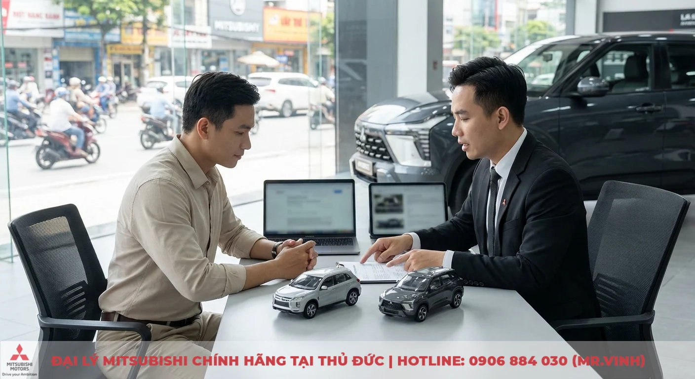 Kh&aacute;ch h&agrave;ng được tư vấn so s&aacute;nh Mitsubishi Xforce 2026 với phi&ecirc;n bản hiện tại qua hai mẫu xe m&ocirc; h&igrave;nh