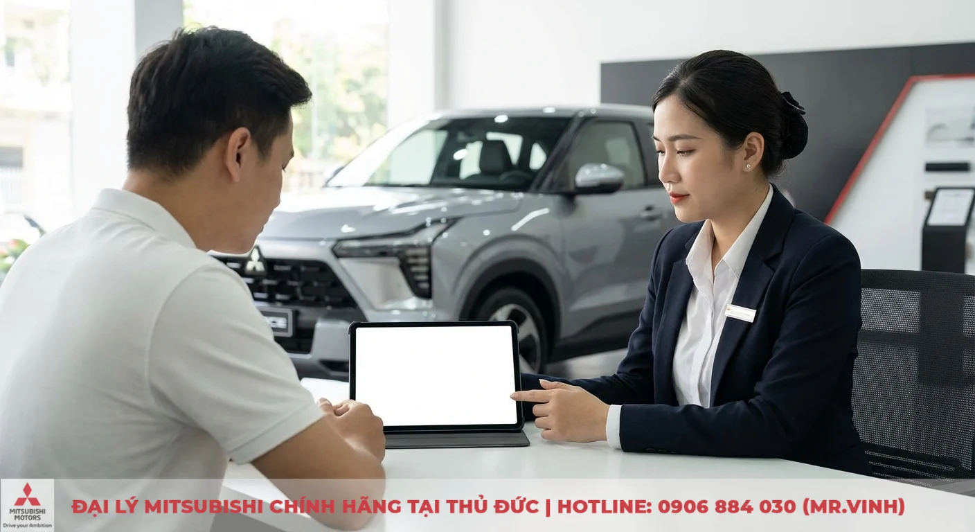 Tư vấn vi&ecirc;n giới thiệu th&ocirc;ng tin Mitsubishi Xforce cho kh&aacute;ch h&agrave;ng c&acirc;n nhắc mua phi&ecirc;n bản hiện tại hoặc 2026