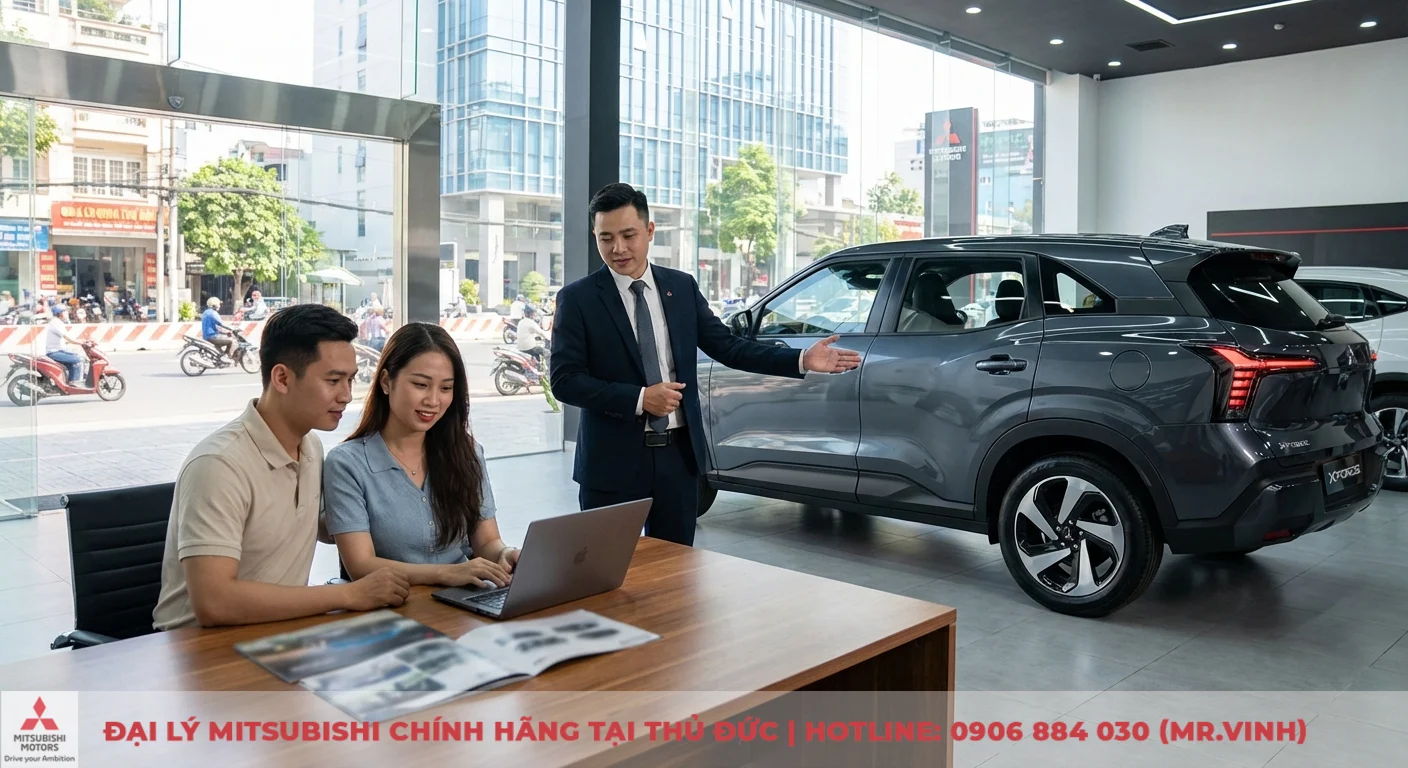 Cặp đ&ocirc;i trải nghiệm v&agrave; nhận tư vấn chi tiết về Mitsubishi Xforce 2026 từ nh&acirc;n vi&ecirc;n tại đại l&yacute; Mitsubishi Saigon 3S