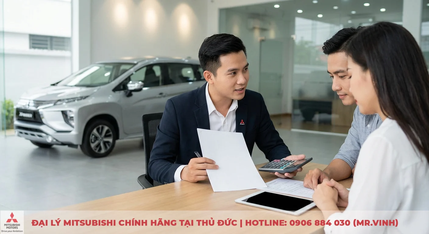 Nh&acirc;n vi&ecirc;n Mitsubishi tư vấn gi&aacute; xe Xpander 2026 v&agrave; c&aacute;c yếu tố t&agrave;i ch&iacute;nh mua xe cho kh&aacute;ch h&agrave;ng tại đại l&yacute;