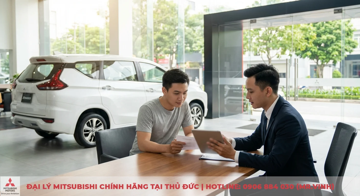 Kh&aacute;ch h&agrave;ng tại showroom Mitsubishi được tư vấn về thời điểm ra mắt v&agrave; quy tr&igrave;nh đặt cọc Xpander 2026