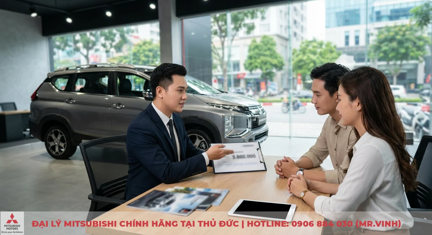 Cặp đ&ocirc;i thảo luận về gi&aacute; dự kiến của Mitsubishi Xpander Cross 2026 với tư vấn vi&ecirc;n tại showroom
