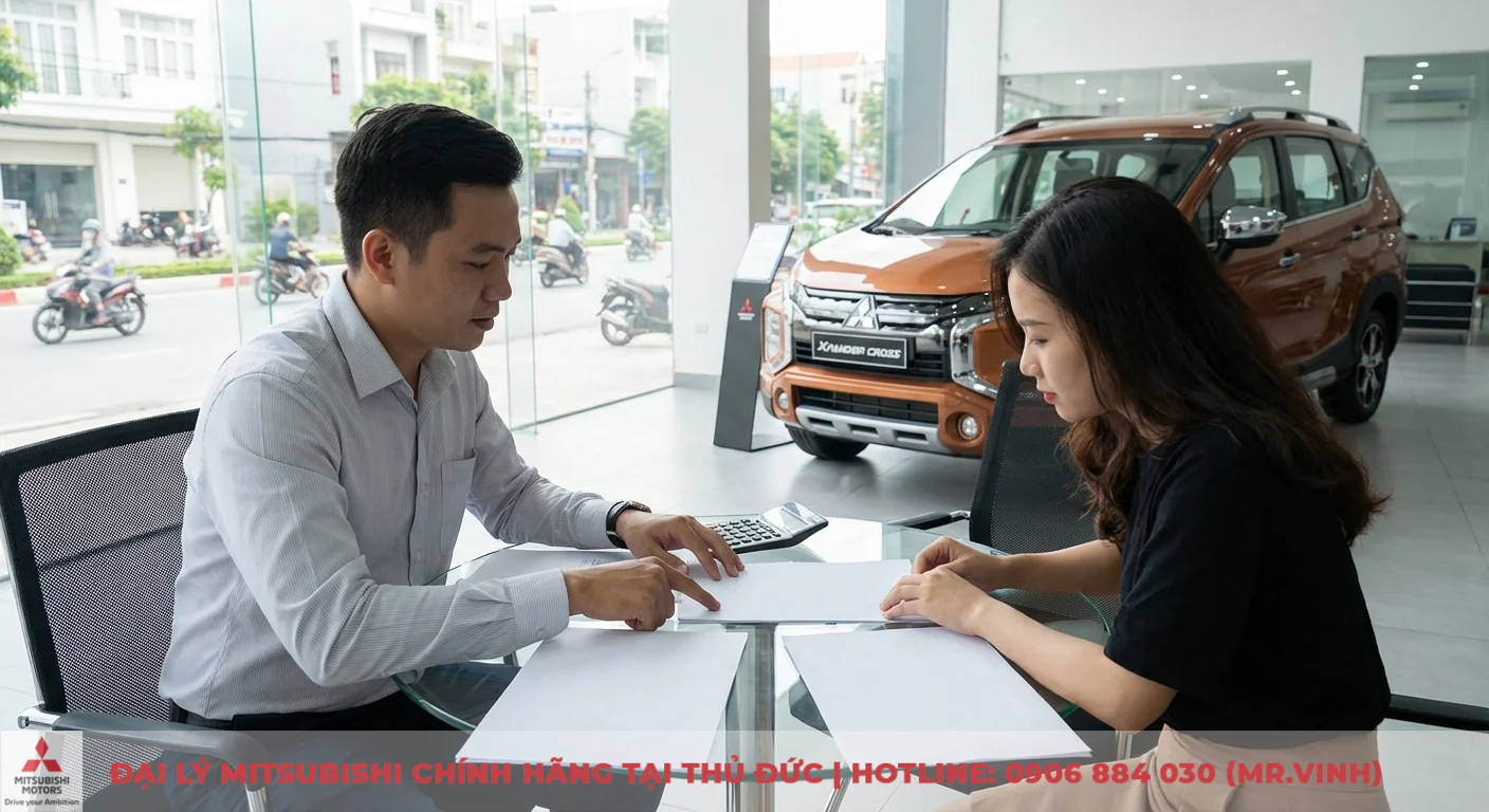 Kh&aacute;ch h&agrave;ng đang được tư vấn chi ph&iacute; lăn b&aacute;nh Mitsubishi Xpander Cross 2026 tại TP.HCM tr&ecirc;n giấy tờ v&agrave; m&aacute;y t&iacute;nh