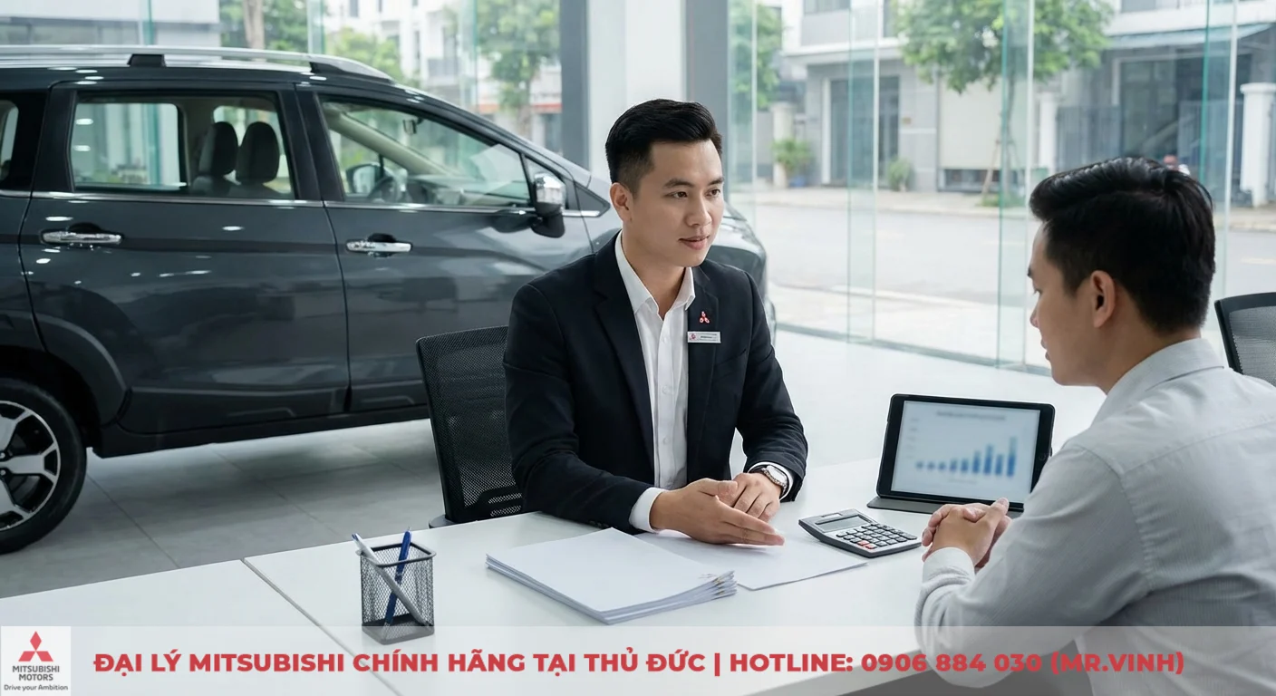 Tư vấn vi&ecirc;n Mitsubishi Saigon 3S hướng dẫn kh&aacute;ch h&agrave;ng về ch&iacute;nh s&aacute;ch v&agrave; thủ tục trả g&oacute;p Xpander Cross mới nhất