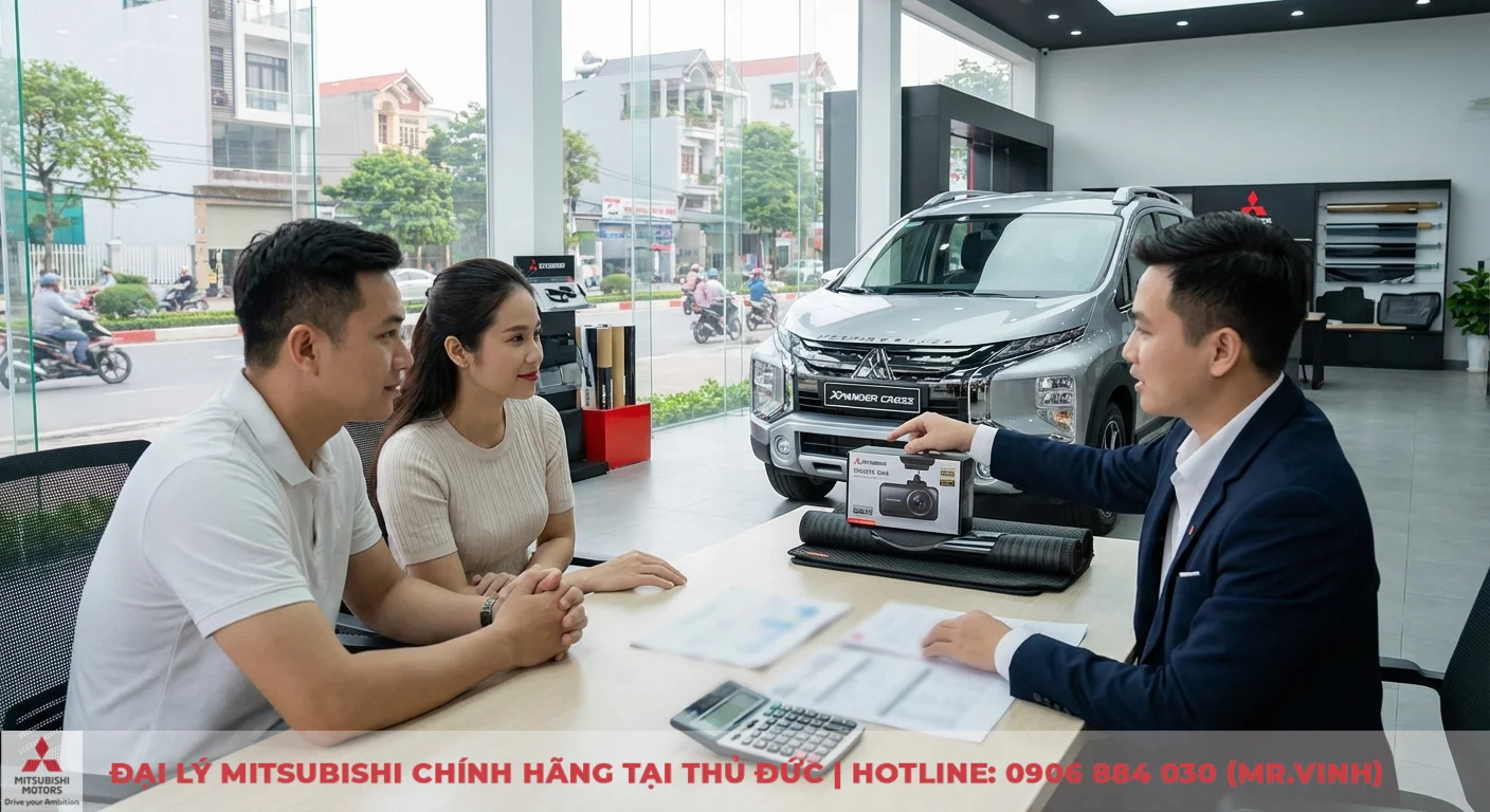 Cặp đ&ocirc;i kh&aacute;ch h&agrave;ng được tư vấn ưu đ&atilde;i camera h&agrave;nh tr&igrave;nh ch&iacute;nh h&atilde;ng khi mua Xpander Cross 2026 tại Mitsubishi Saigon 3S