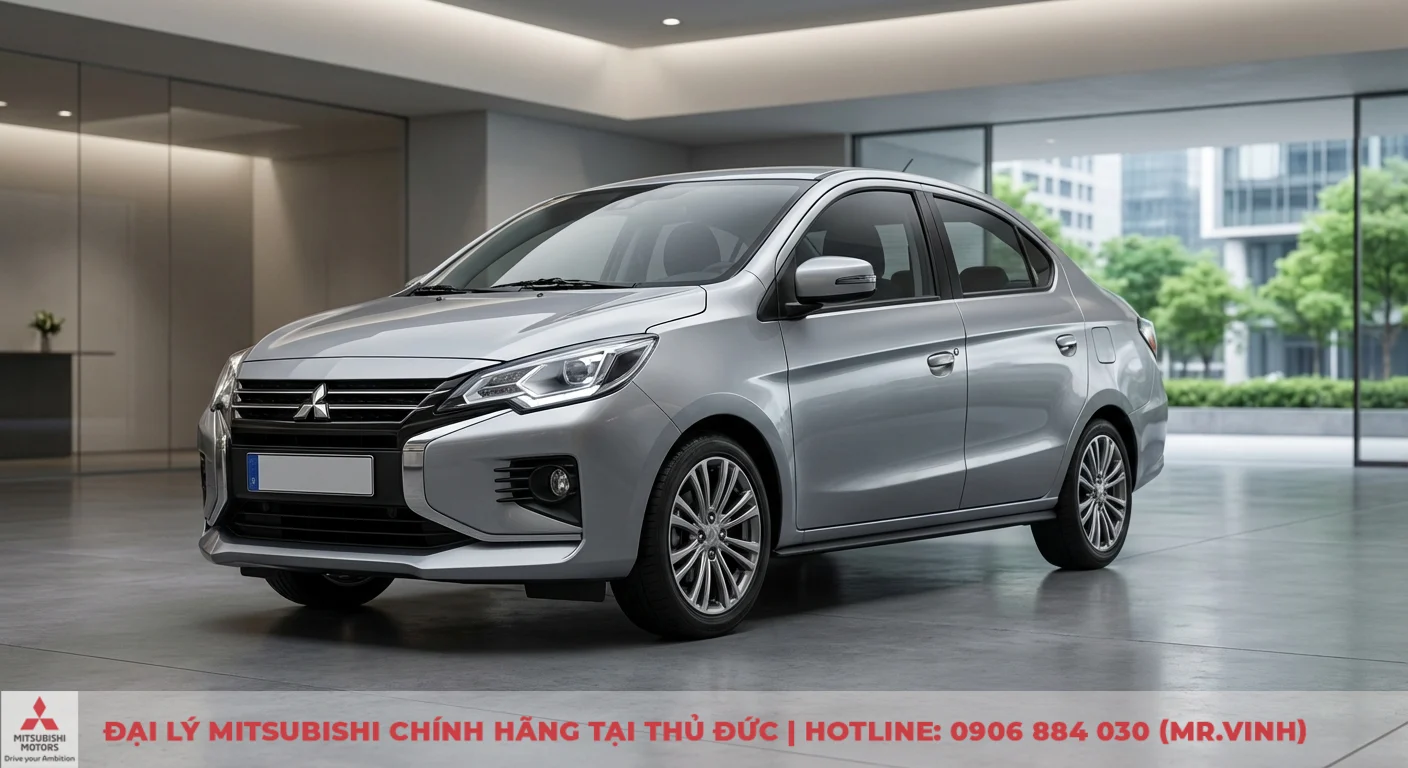 Mitsubishi Attrage 2026 tổng quan thiết kế ngoại thất hiện đại với mặt ca-lăng, đ&egrave;n LED sắc sảo v&agrave; m&acirc;m hợp kim đa chấu