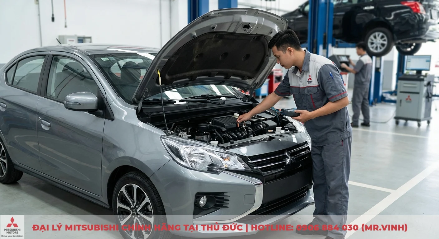 Kỹ thuật vi&ecirc;n kiểm tra động cơ MIVEC của Mitsubishi Attrage 2026 để đảm bảo th&ocirc;ng số kỹ thuật tối ưu